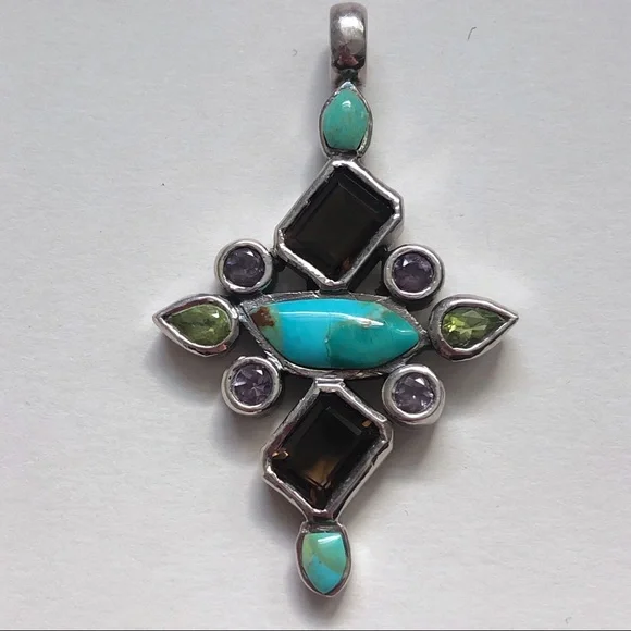 Turquoise Amethyst Peridot Topaz Sterling Silver Pendant - Picture 3 of 11